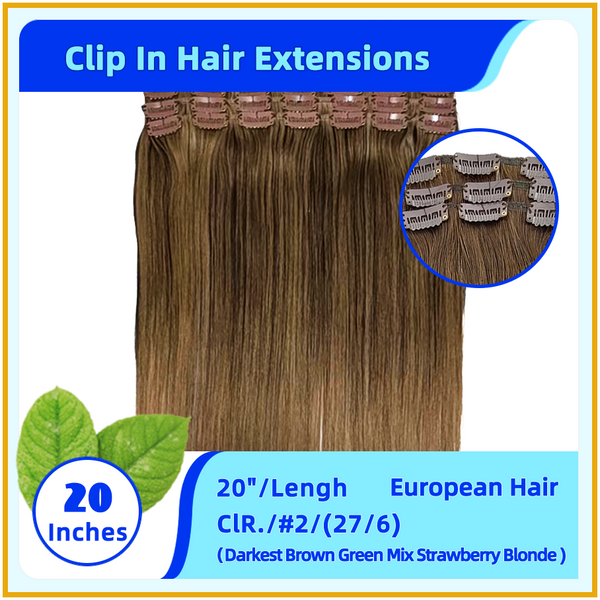 20" #2/(27-6）European Hair Clip In Hair Extensions Darkest Brown Green Mix Strawberry Blonde