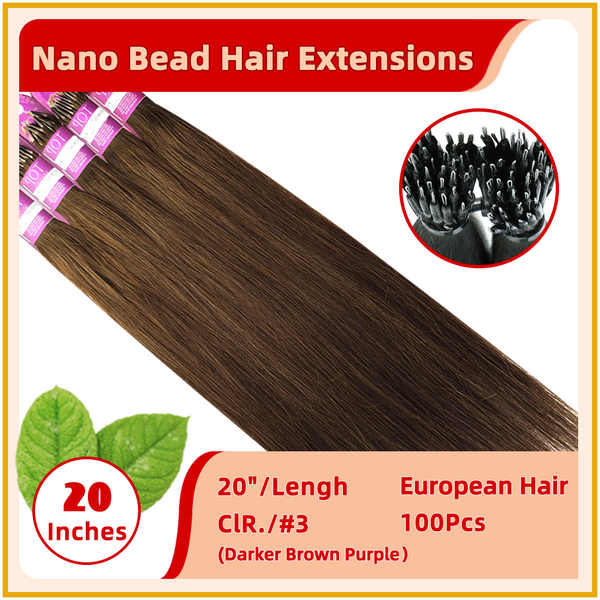 20" #3 100 Strands  European Hair Nano Bead Hair Extensions  Darker Brown