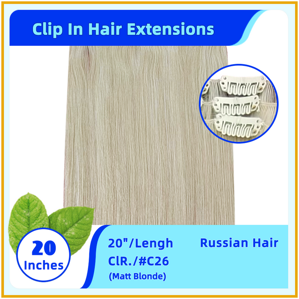 20" #C26 Russian Hair Clip In Hair Extensions Matt Blonde