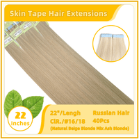 22" #16/18  40 pieces  Skin Tape Hair  Russian Hair Extensions Natural Beige Blonde Mix Ash Blonde