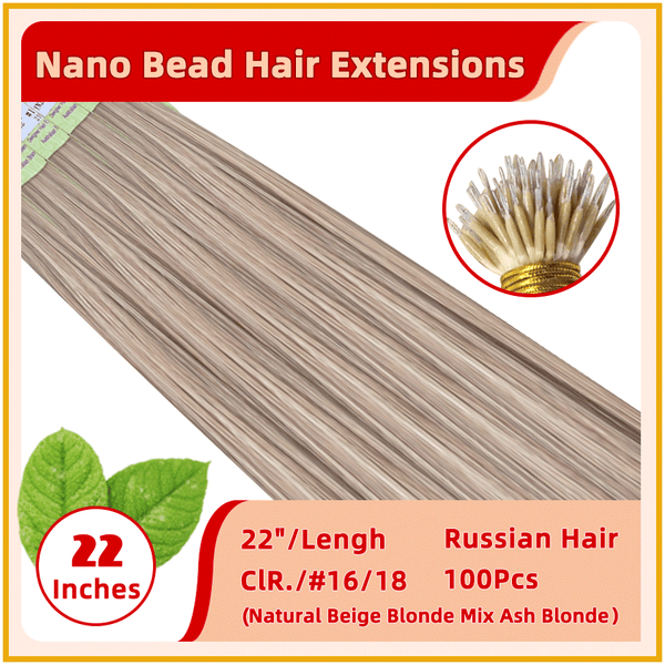 22" #16/18  100 Strands Russian Hair Nano Bead Hair Extensions Natural beige blonde mix ash blonde