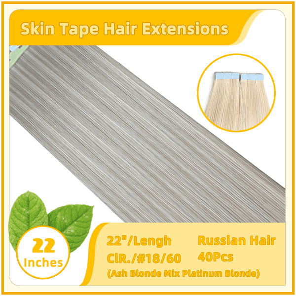 22" #18/60 40 Pieces  Skin Tape Hair  Russian Hair Extensions Ash Blonde Mix Platinum Blonde