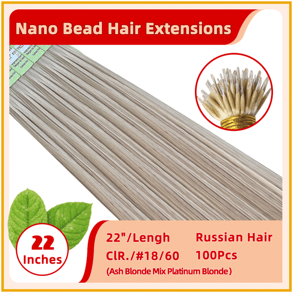 22" #18/60  100 Strands Russian Hair Nano Bead Hair Extensions Ash Blonde Mix Platinum Blonde