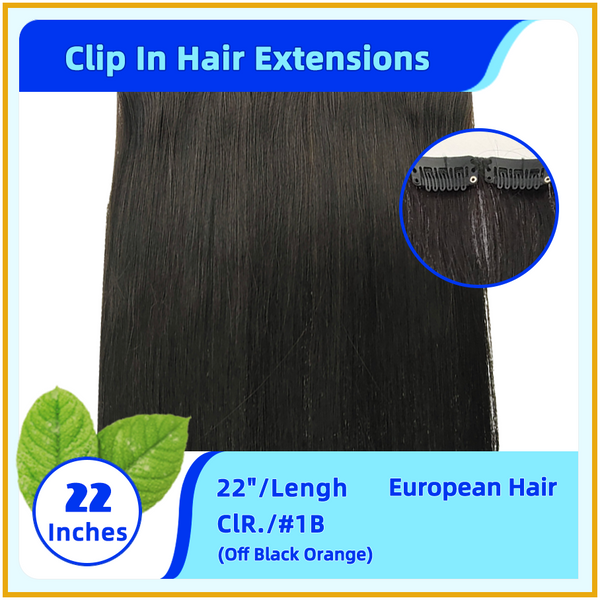 22" #1B  European Hair Clip In Hair Extensions Off Black