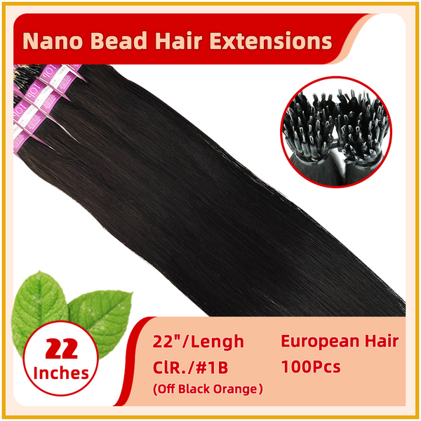 22" #1B 100 Strands  European Hair Nano Bead Hair Extensions Off Black