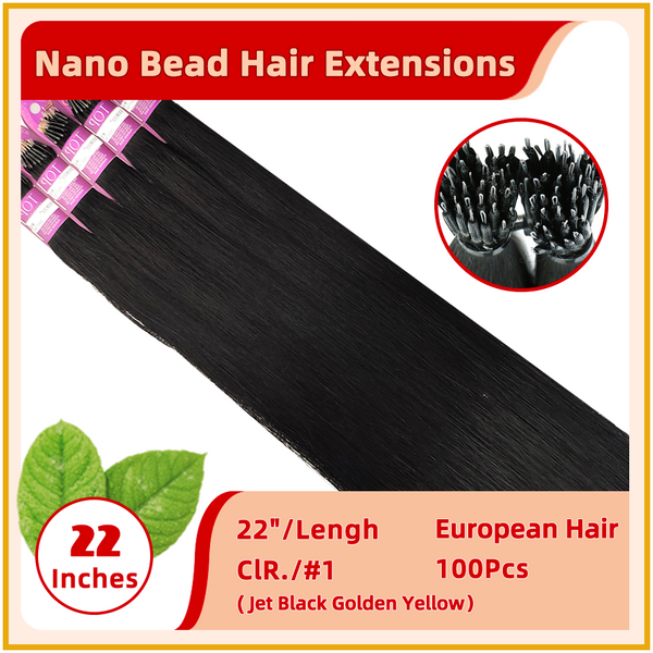 22" #1 100 Strands  European Hair Nano Bead Hair Extensions Jet Black Golden Yellow