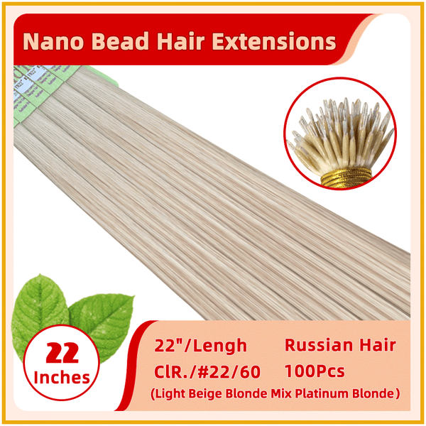 22" #22/60  100 Strands Russian Hair Nano Bead Hair Extensions Light Beige Blonde Mix Platinum Blonde