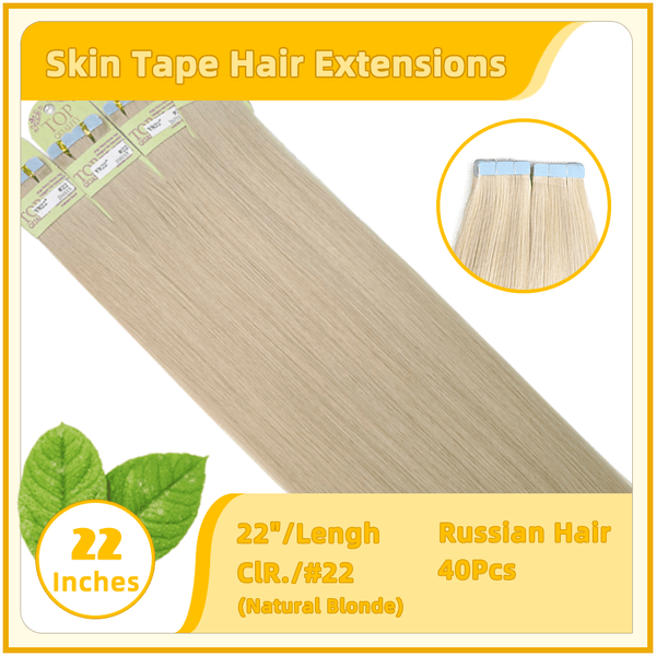 22" #22  40 Pieces  Skin Tape Hair Human  Russian Hair Extensions Natural Blonde
