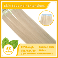 22" #24/60 40 Pieces Skin Tape Hair Human  Russian Hair Extensions Natural Blonde