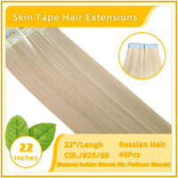 22" #25/60  40 Pieces Skin Tape Hair  Human  Russian Hair Extensions Natural Golden Blonde Mix Platinum Blonde