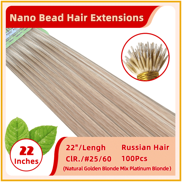 22" #25/60 100 Strands  Nano Micro Beads Nano Ring Tip Human  Russian Hair Extensions  Natural Golden Blonde Mix Platinum Blonde