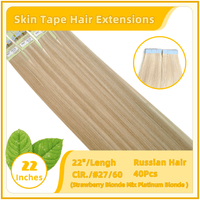 22" #27/60  40 Pieces  Skin Tape Hair Human  Russian Hair Extensions Strawberry Blonde Mix Platinum Blonde