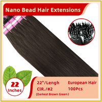 22" #2 100 Strands  European Hair Nano Bead Hair Extensions Darkest Brown