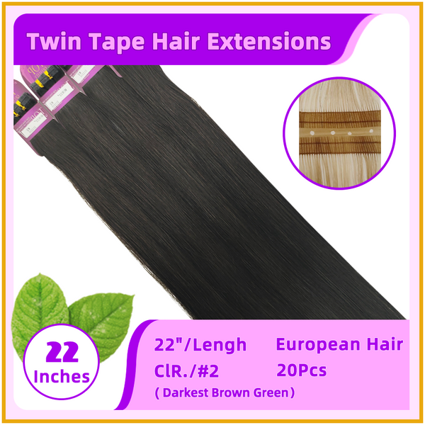 22" #2 20 Pieces European Hair Twins Tape Hair Extensions Darkest Brown Green