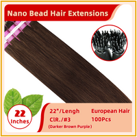22" #3 100 Strands  European Hair Nano Bead Hair Extensions Darker Brown