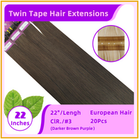 22" #3 20 Pieces European Hair Twins Tape Hair Extensions Darker Brown Purple