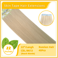 22" #613 40 Pieces  Skin Tape Hair Human  Russian Hair Extensions Beach Blonde