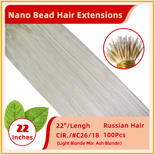 22" #C26/18 100 Strands  Nano Beads Human  Russian Hair Extensions  Matt Blonde Mix Ash Blonde