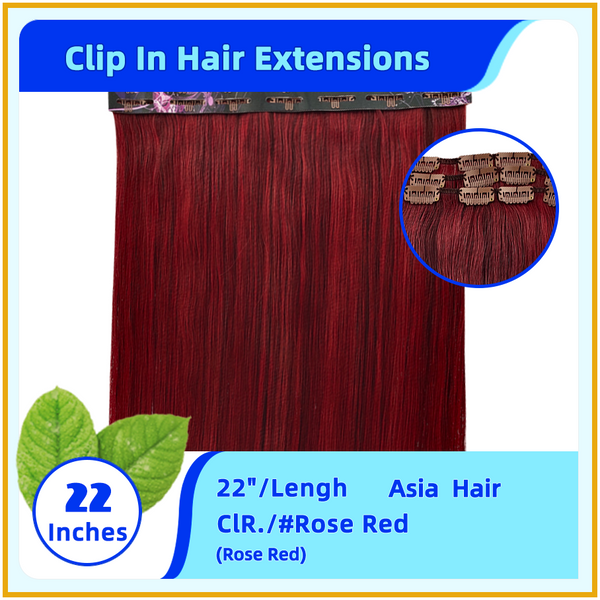 22" #Rose Red  Asia  Hair Clip In Hair Extensions Rose Red