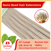 23" #16/18 100 Strands  Nano Micro Beads Nano Ring Tip Human  Russian Hair Extensions  Natural Beige Blonde Mix Ash Blonde