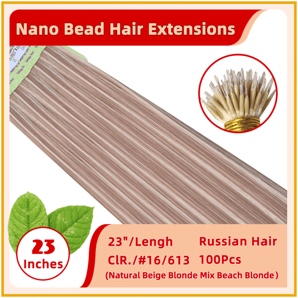 23" #16/613 100 Strands Nano Micro Beads Nano Ring Tip Human  Russian Hair Extensions Natural Beige Blonde Mix Beach Blonde