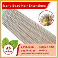 23" #18/60 100 Strands  Nano Micro Beads Nano Ring Tip Human  Russian Hair Extensions  Ash Blonde Mix Platinum Blonde