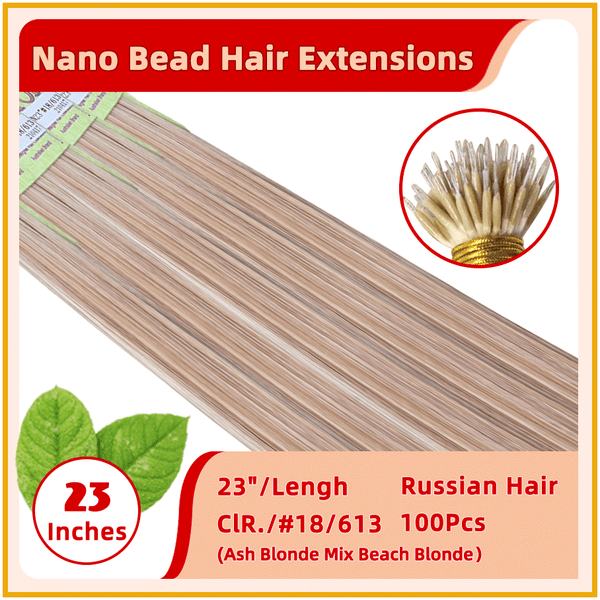 23" #18/613 100 Strands  Nano Beads Human  Russian Hair Extensions Ash Blonde Mix Beach Blonde