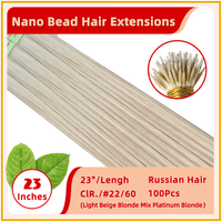 23" #22/60 100 Strands  Nano Beads Human  Russian Hair Extensions Light Beige Blonde Mix Platinum Blonde