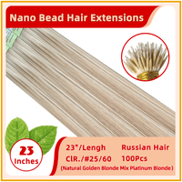 23" #25/60 100 Strands  Nano Micro Beads Nano Ring Tip Human  Russian Hair Extensions  Natural Golden Blonde Mix Platinum Blonde