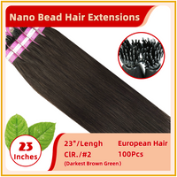 23" #2 100 Strands  European Hair Nano Bead Hair Extensions  Darkest Brown Green