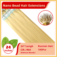 24" #60 100 Strands  Nano Beads Human  Russian Hair Extensions Platinum Blonde