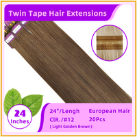 24" #12 20 Pieces Twins Tape Hair European Hair Extensions Light Golden Brown