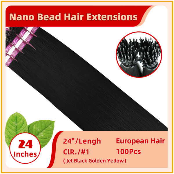 24" #1  100 Strands  European Hair Nano Bead Hair Extensions Jet Black Golden Yellow