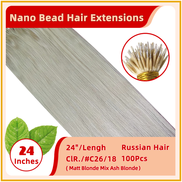 24" #C26/18 100 Strands  Nano Micro Beads Nano Ring Tip Human  Russian Hair Extensions Matt Blonde Mix Ash Blonde