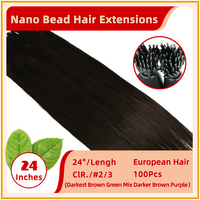 24" #2/3 100 Strands  European Hair Nano Bead Hair Extensions Darkest Brown Green Mix Darker Brown Purple