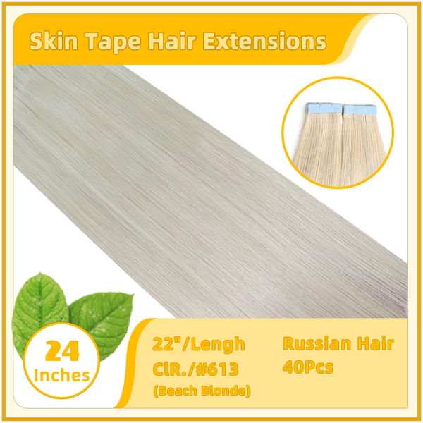 24" Russian Skin Tape Hair Extensions 100g #613 Beach Blonde