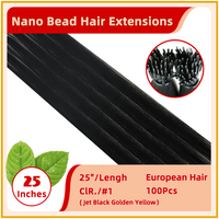 25" #1 100 Strands  European Hair Nano Bead Hair Extensions Jet Black Golden Yellow