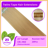 25" #60 20 Pieces Russian Hair Twins Tape Hair Extensions Platinum Blonde