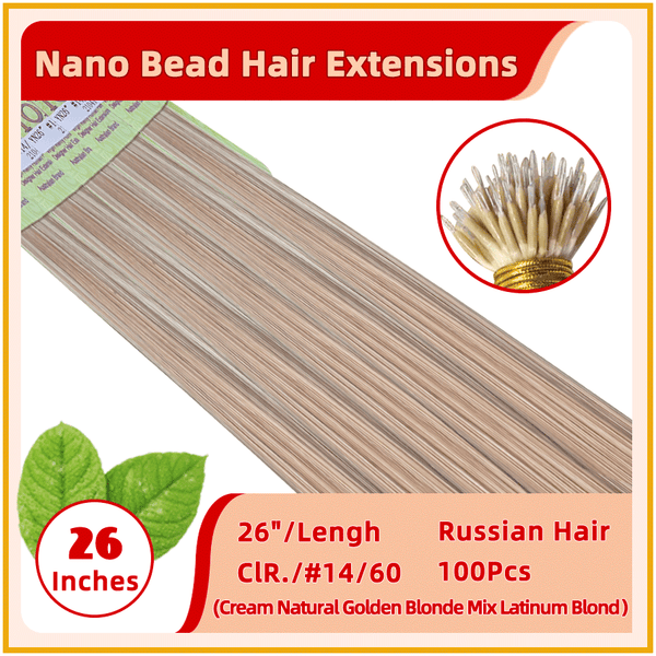 26" #14/60 100 Strands  Nano Micro Beads Nano Ring Tip Human  Russian Hair Extensions Cream Natural Golden Blonde Mix Platinum Blond