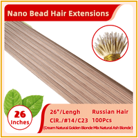 26" #14/C23 100 Strands Nano Micro Beads Nano Ring Tip Human  Russian Hair Extensions Cream Natural Golden Blonde Mix Natural Ash Blonde