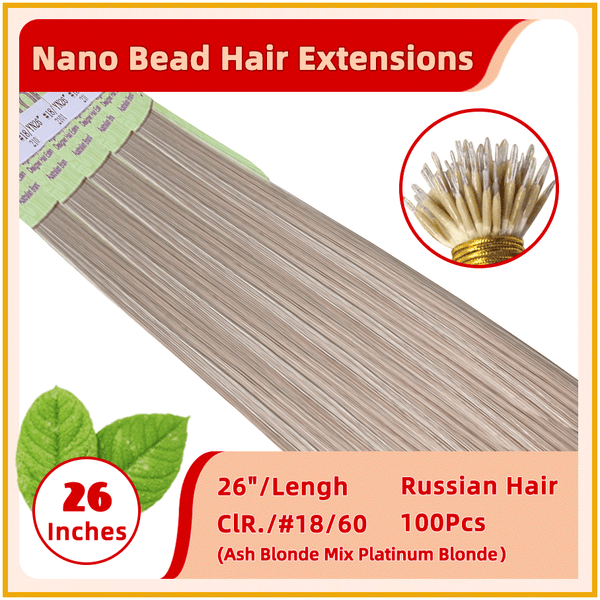 26"  #18/60 100 Strands  Nano Micro Beads Nano Ring Tip Human  Russian Hair Extensions Ash Blonde Mix Platinum Blonde