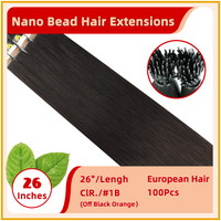 26" #1B 100 Strands  European Hair Nano Bead Hair Extensions Off Black Orange