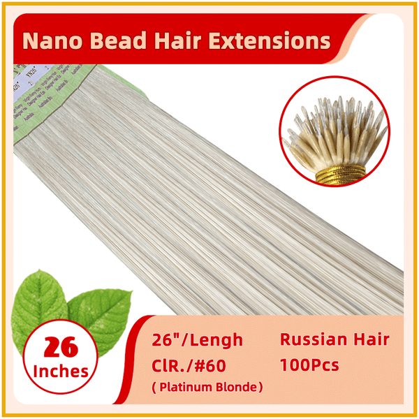 26" #60 100 Strands  Nano Beads Human  Russian Hair Extensions Platinum Blonde