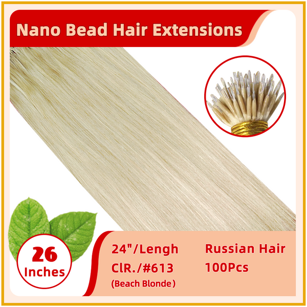 26" #613 100 Strands  Nano Micro Beads Nano Ring Tip Human  Russian Hair Extensions  Beach Blonde