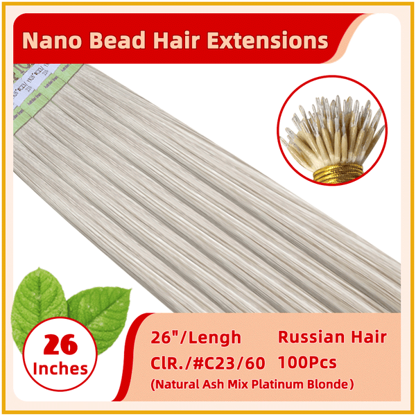 26" #C23/60 100 Strands  Nano Micro Beads Nano Ring Tip Human  Russian Hair Extensions Natural Ash Mix Platinum Blonde