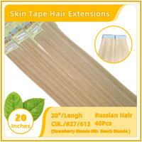 20" #27/613 40 Pieces Skin Tape Hair Human Russian Hair Extensions Strawberry Blonde Mix Beach Blonde