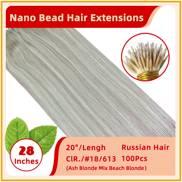 28" #18/613 100 Strands  Nano Micro Beads Nano Ring Tip Human  Russian Hair Extensions Ash Blonde Mix Beach Blonde