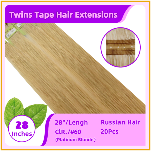 28" #60 20 Pieces Russian Hair Twins Tape Hair Extensions Platinum Blonde