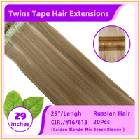 29" #16/613 20 Pieces Russian Hair Twins Tape Hair Extensions Golden Blonde  Mix Beach Blonde