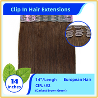 14" #2 European Hair Clip In Hair Extensions  Darkest Brown Green
